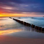 Baltic sea at beautiful sunrise in Poland beach.